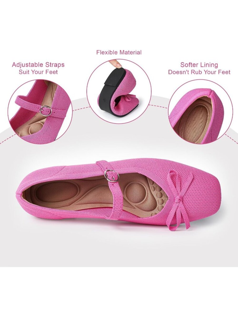 Women's Pink Comfortable Ankle Strap Square Toe Mary Jane Ballet Flats - Picture 5 of 6